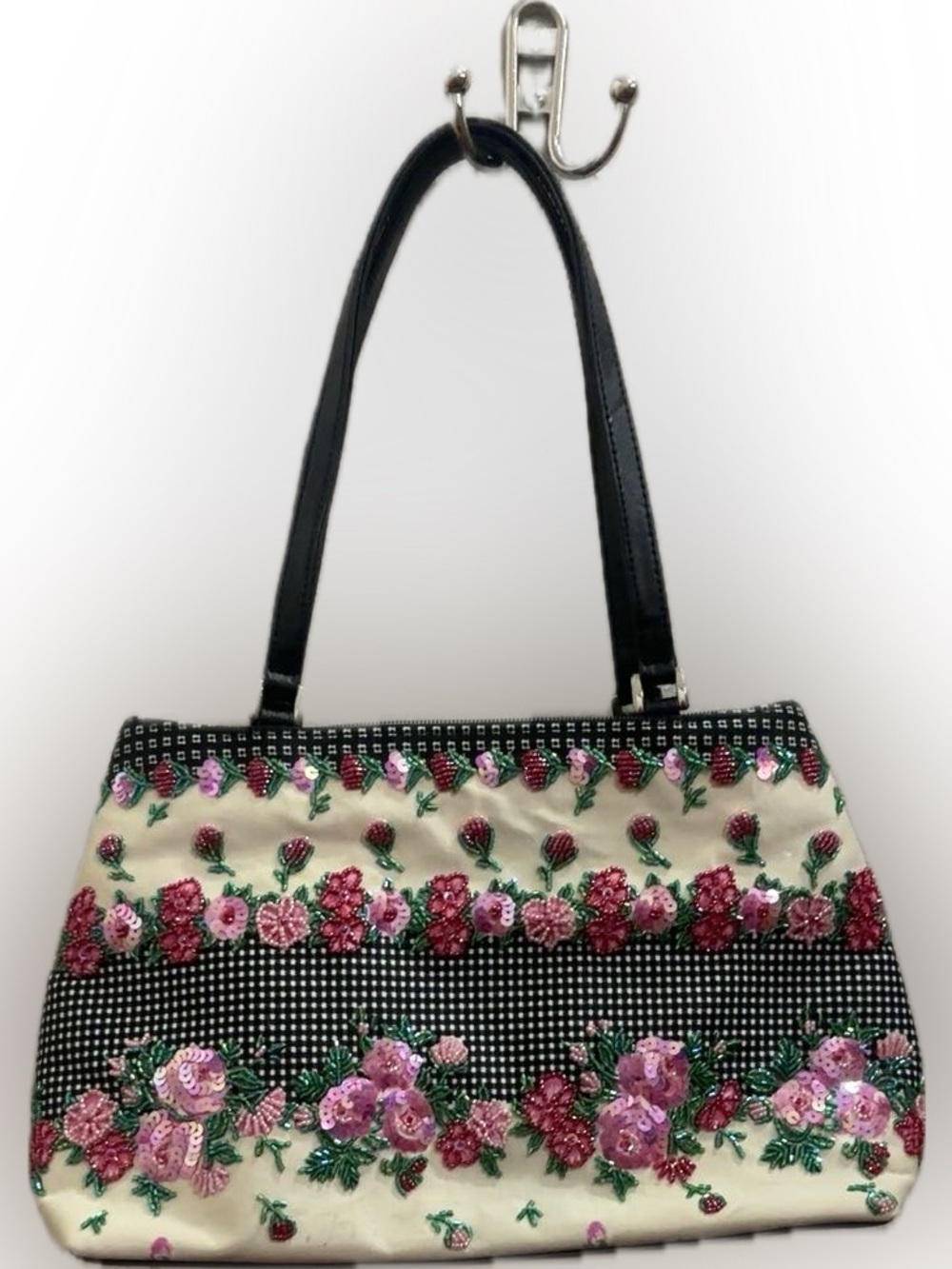 Isabella Fiore Vintage Y2K Beaded Sequin Floral Checkered Handbag